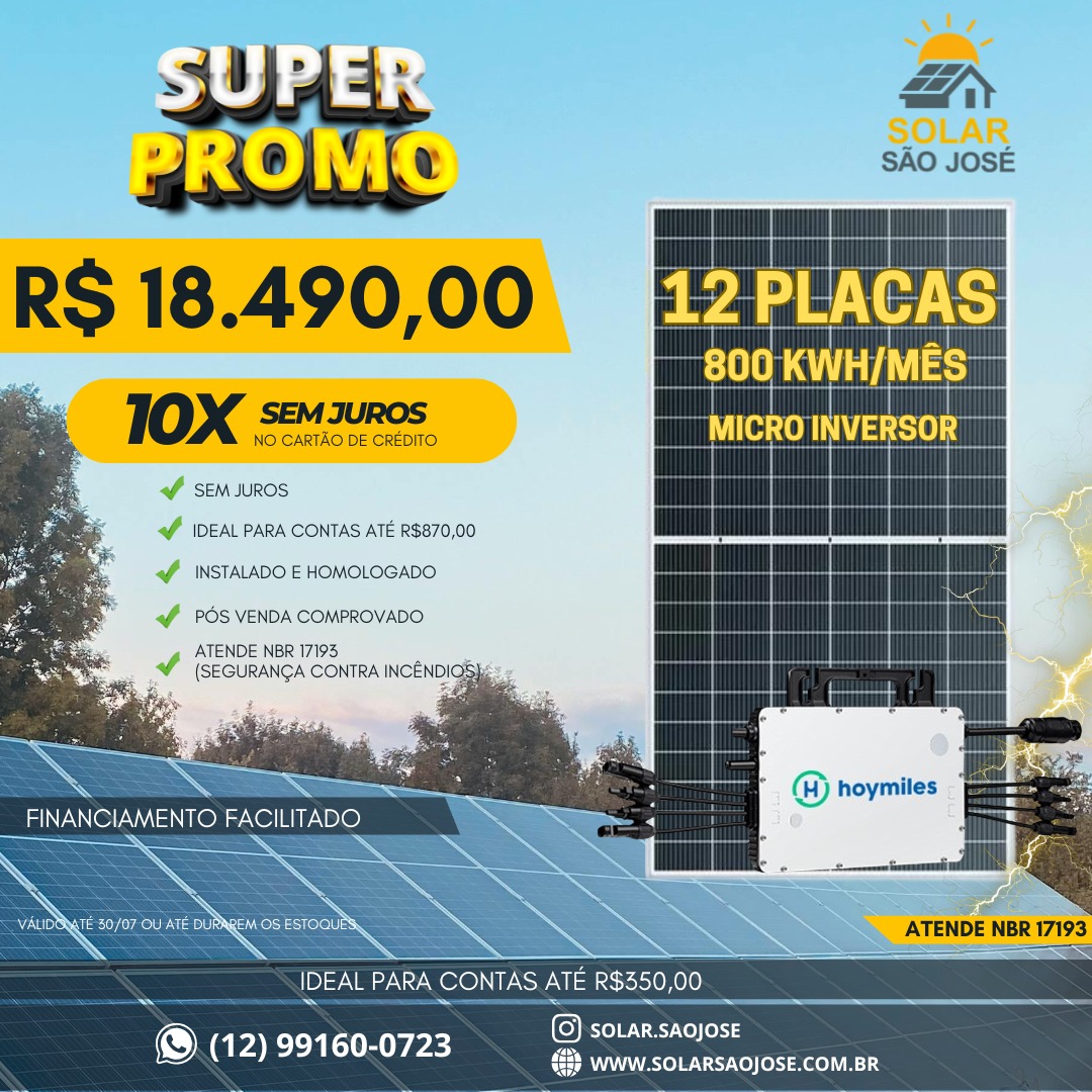 Kit solar 12 placas + Micro - 800 kWh/mês